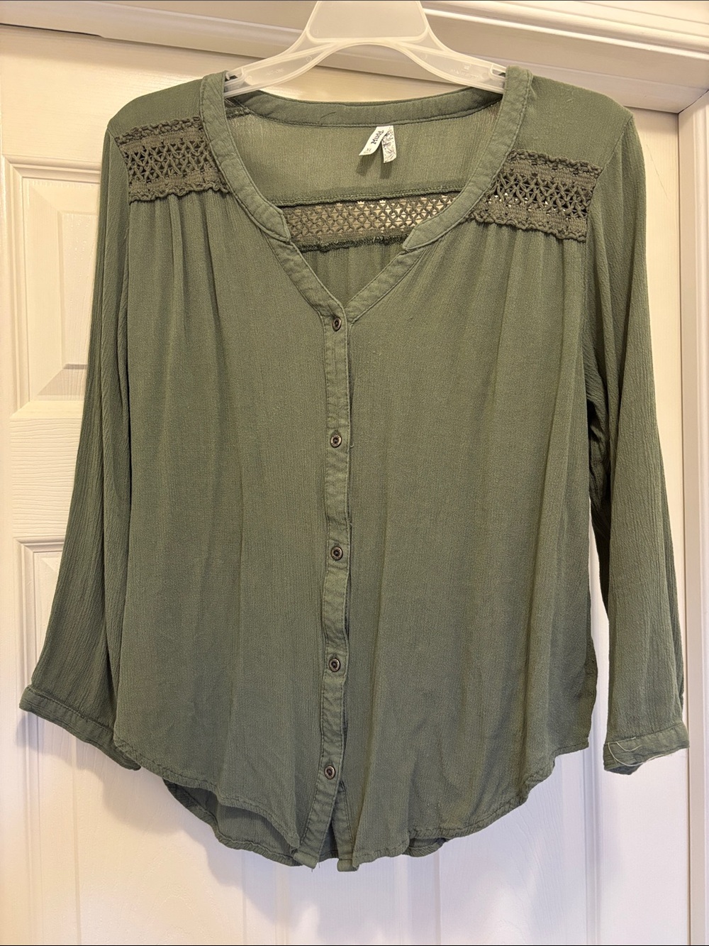 Mudd Olive Green Button-Down Blouse with Crochet Yoke
